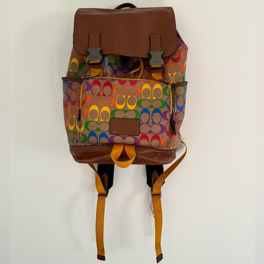 COACH C9845 Track Backpack Rainbow Signature Canvas Pride in Gunmetal/Khaki Mult